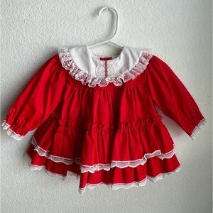 Adorable handmade Red Baby Dress with Lace Trim and collar